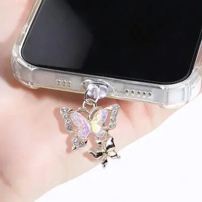 Rhinestone Butterfly Design Dust Plug, Charging Port Anti-dust Plug, Data Port Anti-dust Plug For Apple Port Type-C Port Mobi...