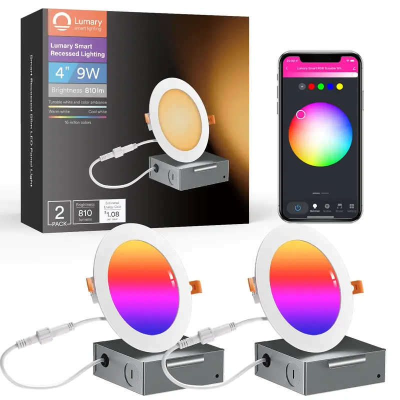 Lumary Wi-Fi Smart Recessed Canless Lighting Slim Panel Lights RGB Downlight 4” 9W 2PCS