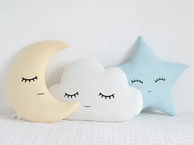 Set of 3 Pillows - White Cloud, Pastel Yellow Crescent Moon And Light Blue Star Pillows