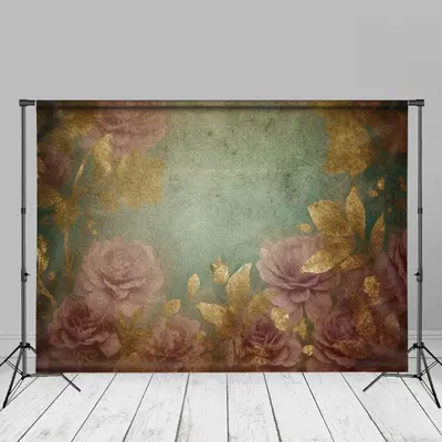 Retro Gold Floral Dusty Green Fine Art Photo Backdrop - Aperturee
