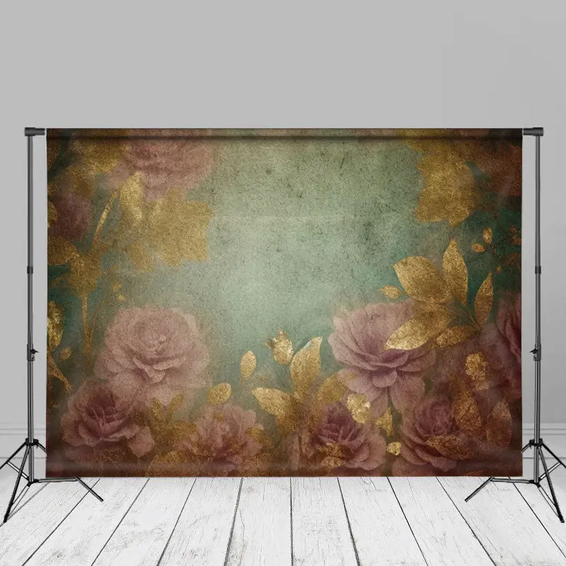 Retro Gold Floral Dusty Green Fine Art Photo Backdrop - Aperturee