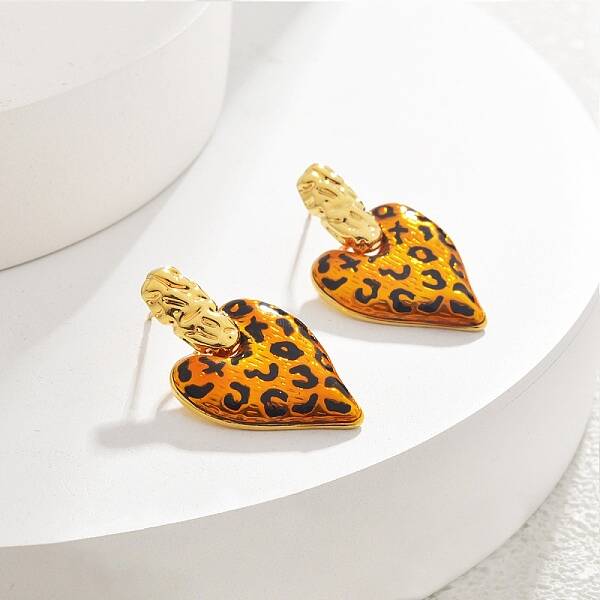 Leopard Print Brass Enamel Stud Earrings for Women