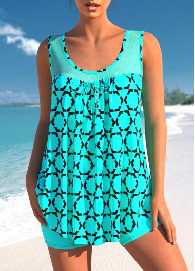 Modlily Geometric Print Cyan Fishnet Panel Tankini Top - S