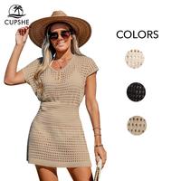 CUPSHE Casual Comfort Women's Swimwear Hollow Out Crochet Beach Cover Up Summer Dresses V Neck Swimsuit Short Sleeve Summer W...