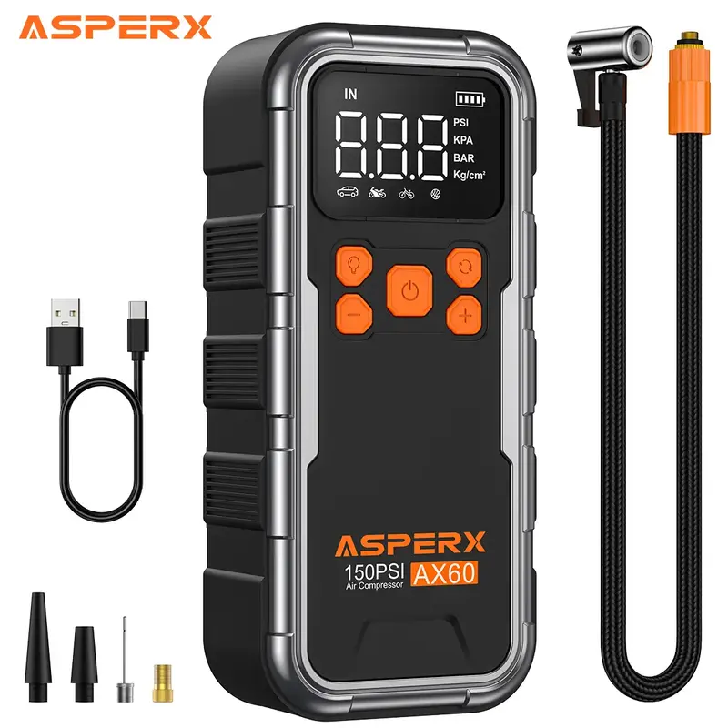 AsperX AX60 Tire Inflator, 150PSI Cordless Portable Air Compressor for Car Tires, 3X Faster Air inflator with Digital Pressur...