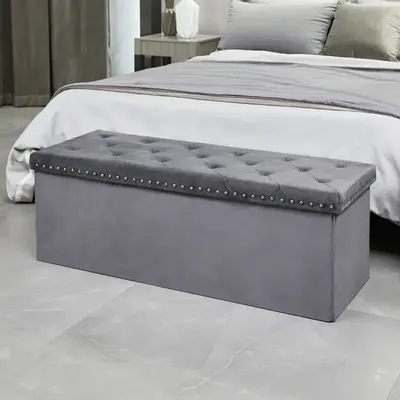 PINPLUS Storage Ottoman Bench Chest Long Foldable Ottoman Velvet Fabric 140L Extra Large Space Folding Bedroom Storage Chest ...