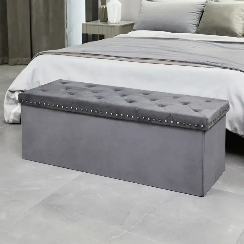 PINPLUS Storage Ottoman Bench Chest Long Foldable Ottoman Velvet Fabric 140L Extra Large Space Folding Bedroom Storage Chest ...