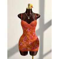 Amplova Lace Cup Detail Tropical Floral Mesh Bodycon Mini Dress Casual Womenswear Piece Comfort Fabric Summer Spaghetti Strap