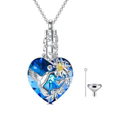 Sterling Silver Blue Crystal Hummingbird & Lily Heart Urn Necklace For Ashes Keepsake Memorial Jewelry