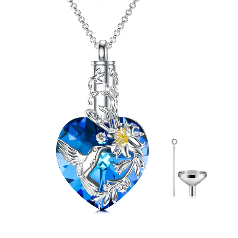 Sterling Silver Blue Crystal Hummingbird & Lily Heart Urn Necklace For Ashes Keepsake Memorial Jewelry