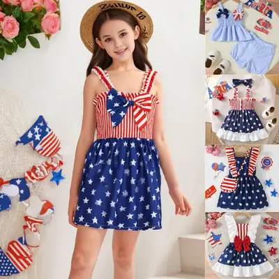 Ready Stock 4th of July Independence Day Dresses For Toddler Kid Girls American Flag Stripes & Stars Patchowrk Front Bow Off ...