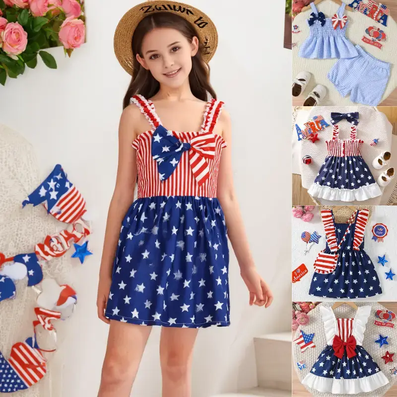 Ready Stock 4th of July Independence Day Dresses For Toddler Kid Girls American Flag Stripes & Stars Patchowrk Front Bow Off ...