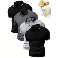 4-Pack Men'S Polo Shirts, Solid Color Short Sleeve, Regular Fit, Knit Fabric, Polyester 95%, Elastane 5%, Lapel Collar, Butto...
