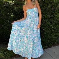 Women Summer Casual Strapless Dress Floral Print Tie up Backless Long A-Line Dress for Cocktail Party Beach Dress