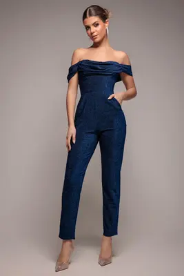 Goddiva Lurex Cowl Neck Romper - Navy