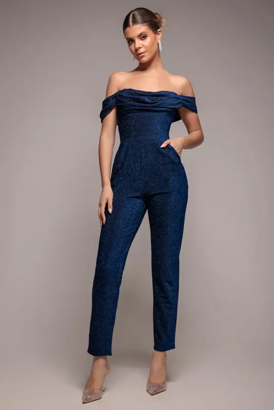 Goddiva Lurex Cowl Neck Romper - Navy