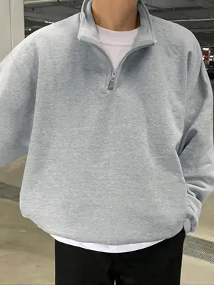 Men's Solid Drop Shoulder Half Zip Up Thermal Lined Lounge Sweatshirt, Regular Fit Casual Long Sleeve Funnel Neck Pullover fo...