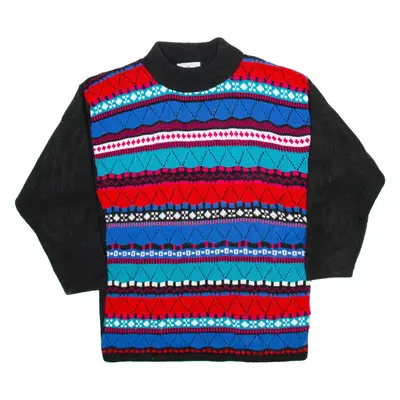 NAN DORSEY Mens Patterned Jumper Black Striped High Neck 90s S