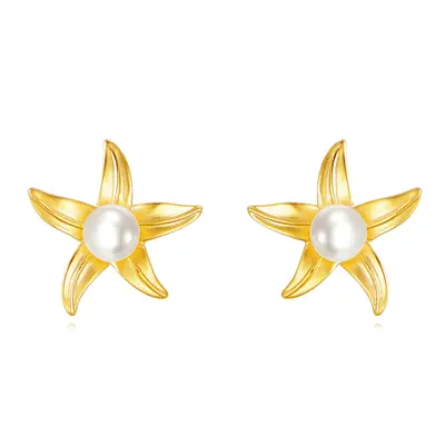 14K Gold Pearl Starfish Stud Earrings