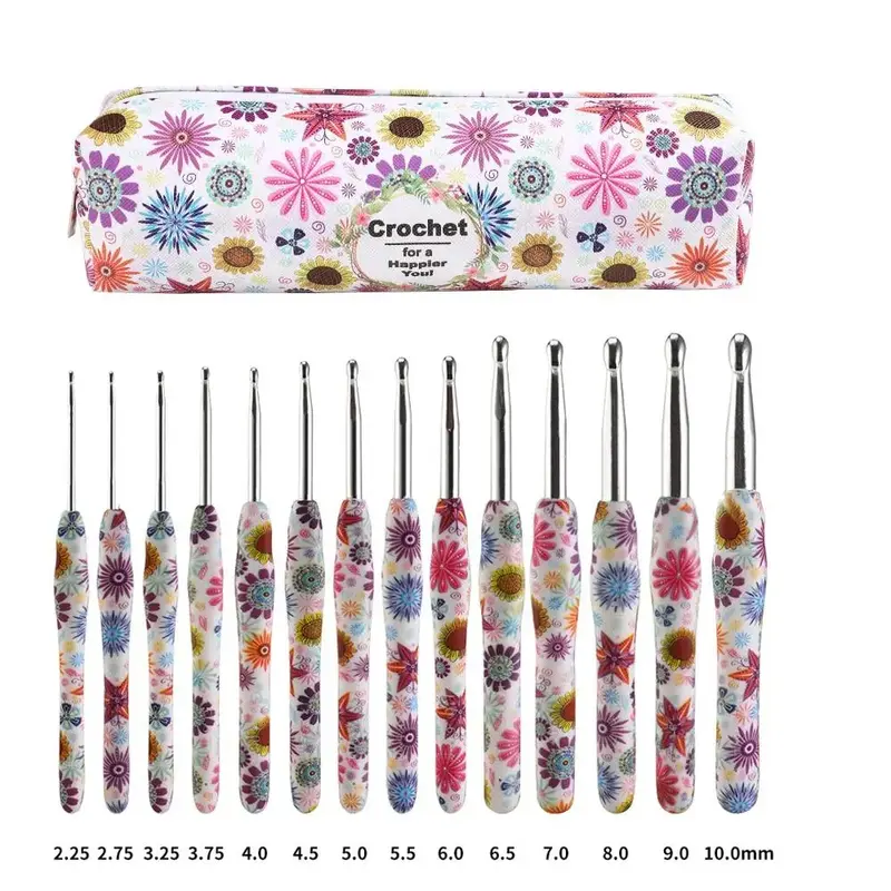 Crochet Hook Set with Storage Bag, 14pcs/set Flower Pattern Yarn Crochet with Soft Comfortable Grip, Knitting Hook for DIY Ha...