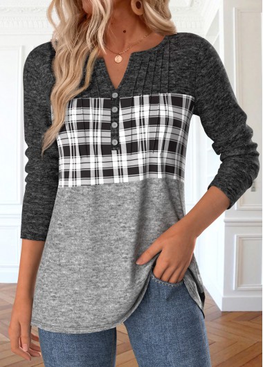 Modlily Grey Patchwork Plaid Long Sleeve Split Neck T Shirt - L