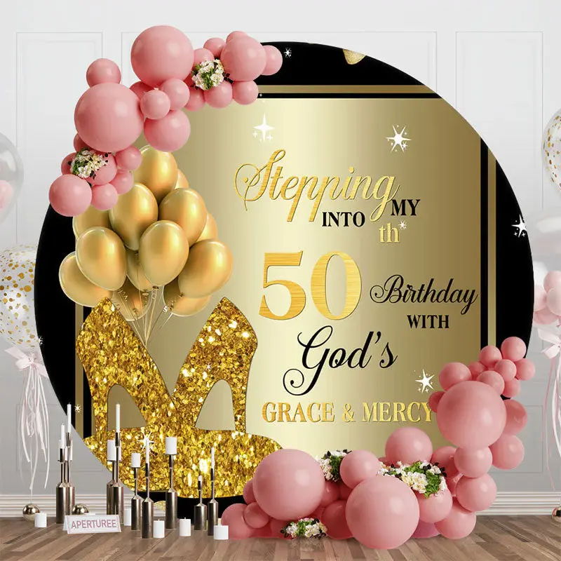 Black Gold Balloon Heel Round 50th Birthday Backdrop - Aperturee