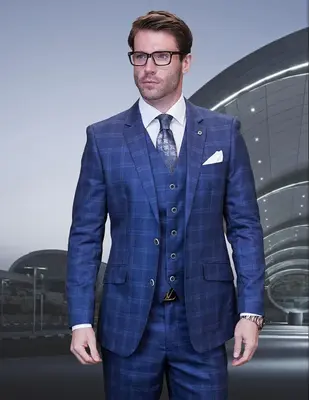 Statement Men's Algani Indigo 3PC Plaid Suit
