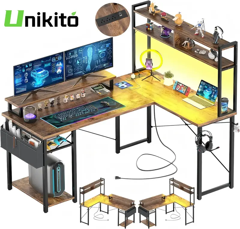 Unikito L Shaped Computer Desk with Hutch & Power Outlets – Reversible Gaming & Office Desk with Monitor Stand, Black Corne...