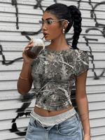 Women's Camo Print Round Neck Crop Tee, Y2k Casual Fashion Short Sleeve Crew Neck T-shirt for Summer, Fashion Women's Top for...