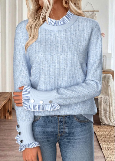 Modlily Light Blue Curved Hem Striped Long Sleeve Sweatshirt - XL