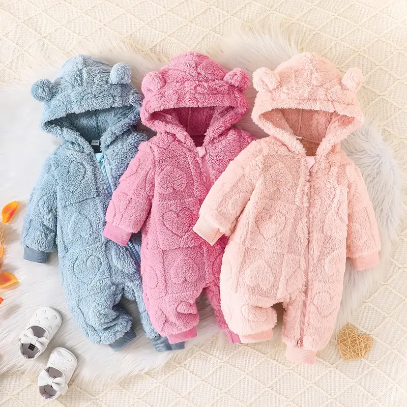 Baby Girls Winter Romper Solid Color Plush Fleece Zipper Hooded Long Sleeve Jumpsuits for Newborn Infant Toddler Clothes