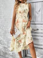 Women's Floral Print Frill Trim Shirred Ruffle Hem Tank Dress, Boho Sleeveless Round Neck A Line Midi Dress for Beach Holiday...