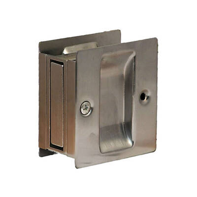 Don-Jo Pocket Door Lock Field Reversable, 2-1/2 Width, 2-3/4 Height, Brass, Passage, Adjustable For Thickness, Satin Chrome