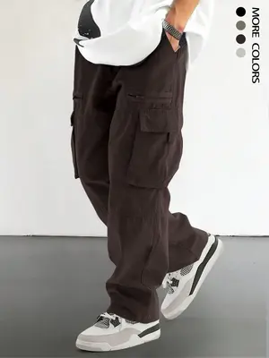 Men's Loose Solid Pocket Drawstring Waist Cargo Pants, Unisex Casual Comfy Zipper Cargo Pants for Daily Outdoor Wear, Women W...