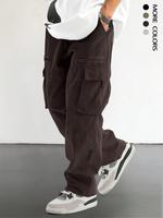 Men's Loose Solid Pocket Drawstring Waist Cargo Pants, Casual Comfy Zipper Cargo Pants for Daily Outdoor Wear, Work Pants Men...