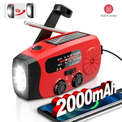 2000mAh Solar Hand Crank Emergency Radio, AM/FM/NOAA with LED Flashlight, for Hurricane Preparedness & Outdoor Survival Porta...