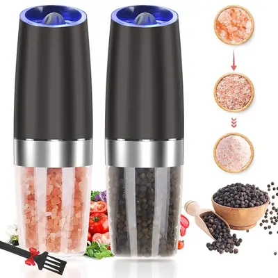 Stainless Steel Electric Pepper Grinder, 1/2 Counts Battery Powered Automatic Pepper Mill with Brush, Adjustable Coarseness P...