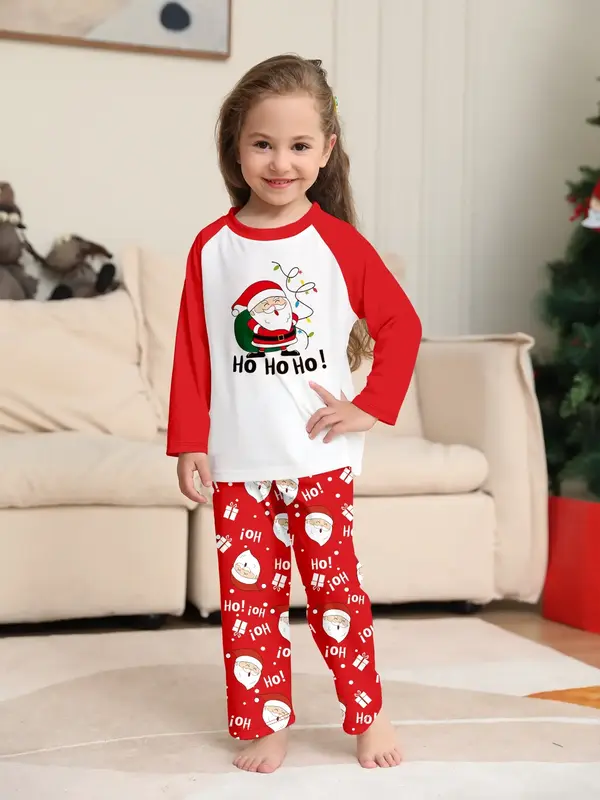 Christmas Kids Pajama Set, Santa Print Top & Floral Pants, Fall Winter Casual Home Wear, Fitted Thin Fabric Sleepwear