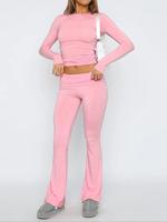 Women's Solid Long Sleeve Crop Tee & Flare Leg Skinny Fit Pants Loungewear Set, Soft Casual Round Neck Top & Bell Bottom Legg...