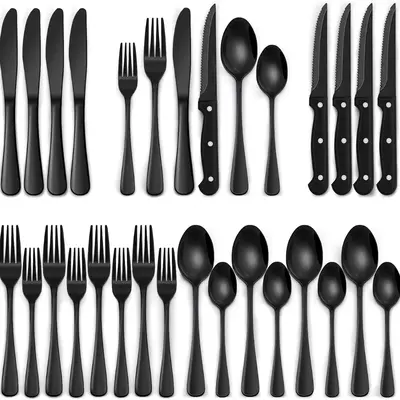 24-Piece Black Silverware Set with Steak Knives, Black Flatware Set for 4, Food-Grade Stainless Steel Tableware Cutlery Set, ...