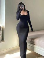 Women's Solid Color Tight Sleeve Bodycon Dress, Casual Scoop Neck Long Dress for Spring & Fall, Women's Clothing for Daily We...