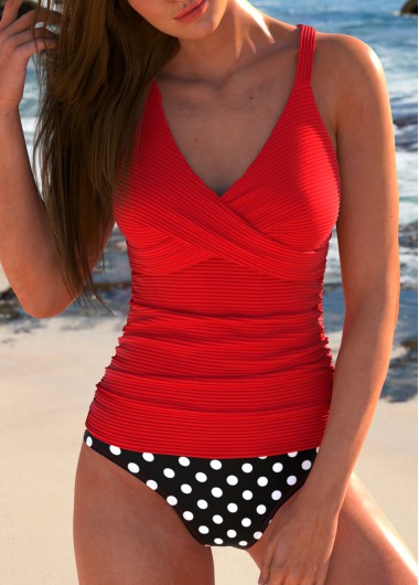 Modlily Criss Cross Polka Dot Red Tankini Set - M