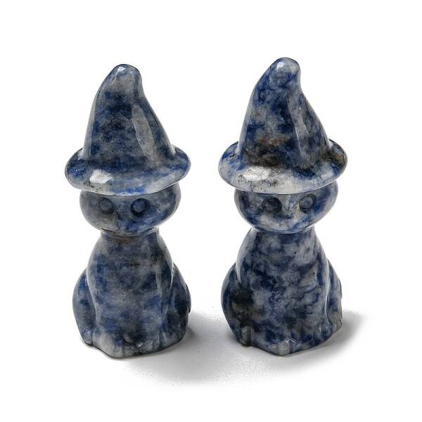 Natural Blue Spot Jasper Carved Healing Cat with Witch Hat Figurines