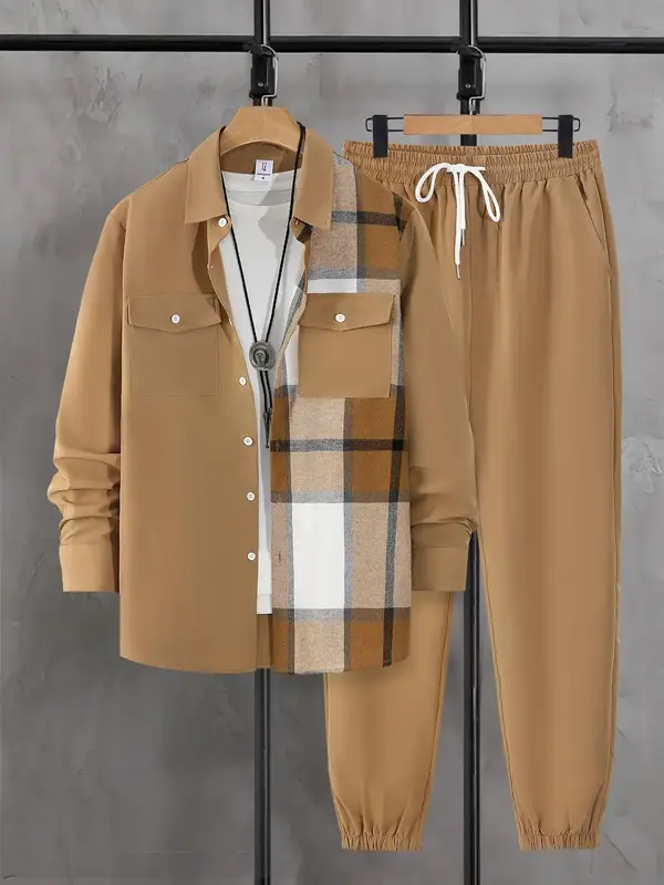 Men's Plaid Patchwork Print Button Front Shirt & Drawstring Waist Pants Two-piece Set, Casual Long Sleeve Pocket Top & Trouse...