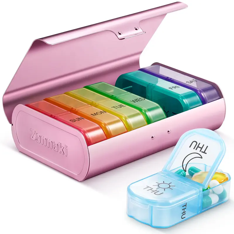 Metal XL Weekly Pill Organizer 2 Times a Day, Large Travel Daily Pill Box 7 Day, Portable Week Twice Pill Holder Container, A...