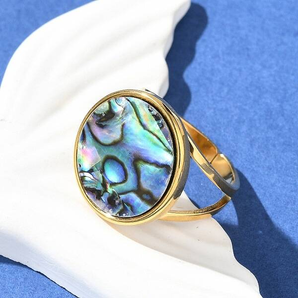 Flat Round 304 Stainless Steel Paua Shell Cuff Rings for Women