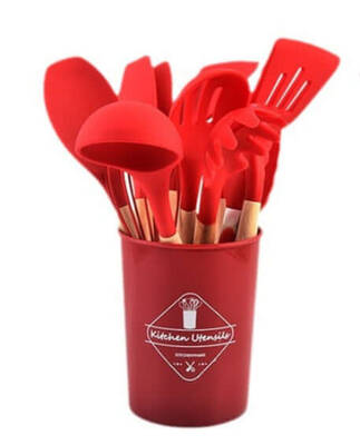 Wooden Handle Silicone 12-piece Cooking Non-stick Cooker Silicone Kitchenware | Color: 12piece set 700g red