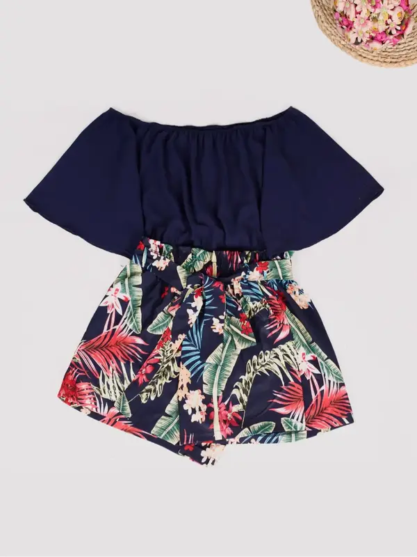 Plus Size Two-Piece Set Ruched Blouse & Tropical Print Belted Shorts Set, Casual Flounce Sleeve Top & Shorts for Women, Women...