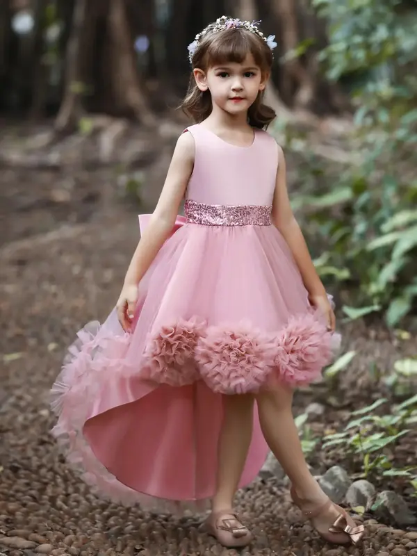 Girl's Contrast Sequin Bow Back Fit and Flare Party Dress, Elegant Sleeveless Appliques Contrast Mesh High Low Tutu Dress for...
