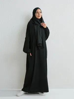 Women's Solid Bishop Sleeve Pocket Kaftan with Integrated Hijab, Modest Casual Long Arabic Dress, Women's Islamic Clothing fo...